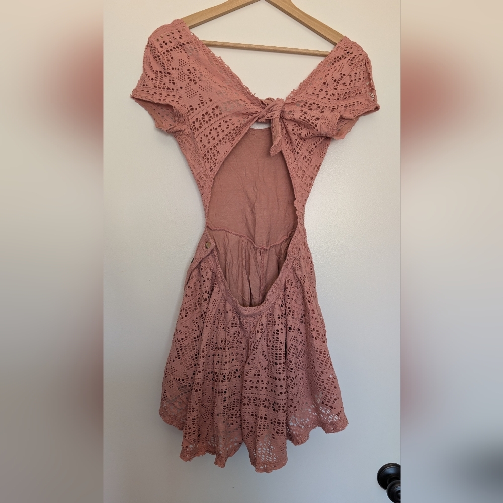 Free People pink lace dress tomper with POCKETS and tie back women's small - Picture 4 of 4